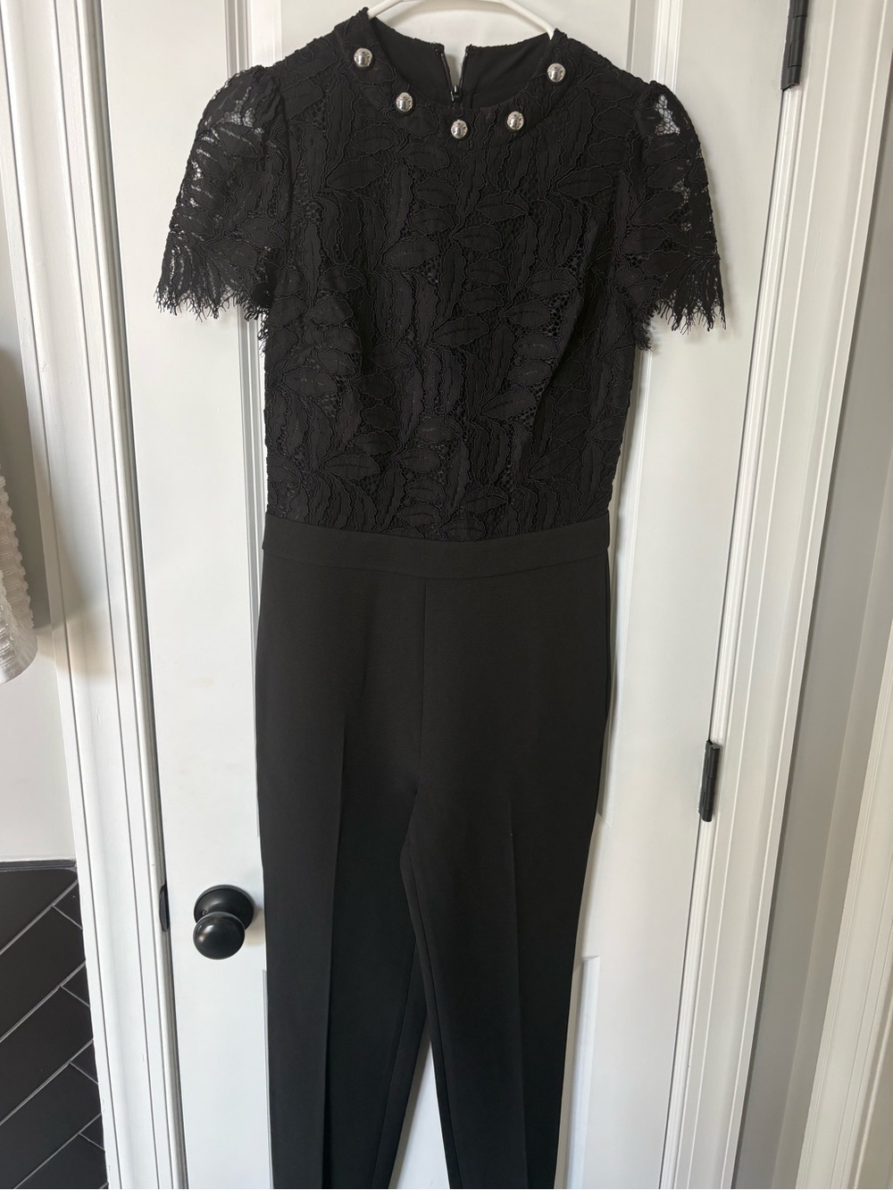 MICHAEL Michael Kors Black Lace-Top Jumpsuit with Silver Buttons